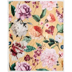 Plaid DESCANSO "Fiori", gelb (ocker), B:130cm L:160cm, Kunstfaser, Polyester, Wohndecken, Sehr Weich, Kuscheldecke, 130x160 cm, Wendeoptik, Blumen, Sand