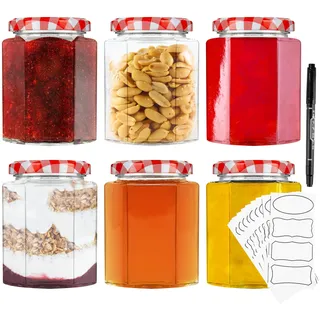 DECO EXPRESS Einmachgläser 500 oder 250 ml Set - Luftdichtes Aufbewahrungsglas mit Deckel, Sechseckige Marmeladengläser inkl. Marker & Etiketten (Rot 250ml - 6er Pack)