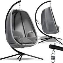 CASARIA Hängesessel Outdoor mit Gestell XXL Hängestuhl 94cm Breit 2 Seitentaschen Kissen Schaukelstuhl 150kg Belastbar Indoor Grau