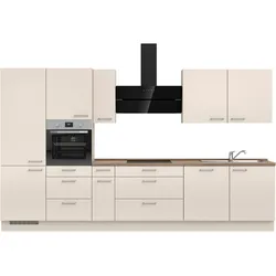 Küchenzeile NOBILIA ""Laser II"", beige (front: sandfarben, korpus: sandfarben, arbeitsplatte: eiche havanna nachbildung), B:360,3cm H:216,6cm T:60cm, Komplettküchen-Sets, vormontiert, Ausrichtung wählbar, Breite 360 cm, wahlw. mit E-Geräten
