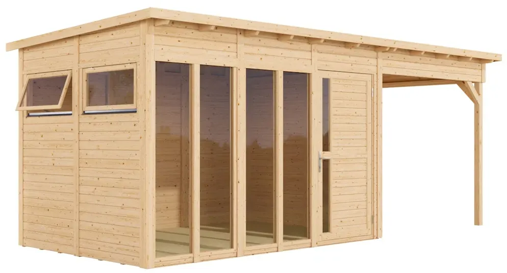 Bertilo Element-Gartenhaus Pentus 3 Office inkl. Lounge-Anbau - 19 mm naturbelassen 558 x 234 cm