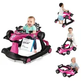 COSTWAY 4 in 1 Lauflernhilfe, Lauflernwagen klappbar mit einstellbarer Höhe & Geschwindigkeit, Baby Walker Autoförmig mit Musikbox, Licht & Rädern, Gehfrei Baby ab 6 Monaten, 12kg Belastbar (Hot Pink)