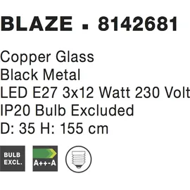 Nova Luce Blaze 3-flg. E27 60 cm Glas schwarz