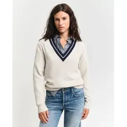 Gant für Damen. 4805303 Pullover mit Kontrast-V-Ausschnitt (L), Beige, Lässig, Polyamid