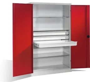 C+P Schwerlastschrank mit Drehtüren, 3 Böden und 3 Schübe, H1950xB1200xT500mm Front Rubinrot Korpus Lichtgrau