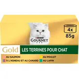 GOURMET Gold | Les Terrines | Katze | Teig | Kaninchen, Huhn, Lamm, Ente, Lachs | 4 x 85g | 24 Stück | Dose