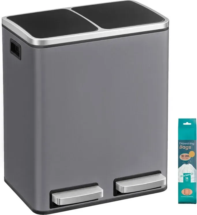 Ochama Doppel-Fußpedal-Mülleimer mit 2 Fächern, Stahl-Recyclingbehälter mit Absenkautomatik, für die Küche, inkl. 15 Müllbeutel, Grau