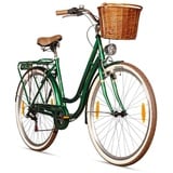 bergsteiger Cityrad Marseille 26 Zoll, 28 Zoll Damenfahrrad, ab 150 cm, Korb aus Rattan, 6 Gang, Kettenschaltung, V-Bremsen grün