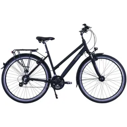 HAWK Trekking Premium Fahrrad, Black Damen 28 Zoll, Rahmenhöhe 48cm – Fahrrad mit Microshift 24 Gang Kettenschaltung & Beleuchtung I Allrounder I Schwarz