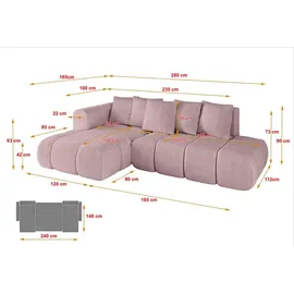 altdecor Ecksofa Cord mit Schlaffunktion 2-Sitzer Rosa