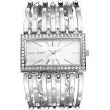 JewelryWe Damenuhr Rechteckig Armreif Uhr: Damen Glitzer Strass Analog Quarz Armbanduhr Frauen Silber Breit Metallarmband Armspange Lässige Diamant Spangenuhr mit Eckigem Zifferblatt