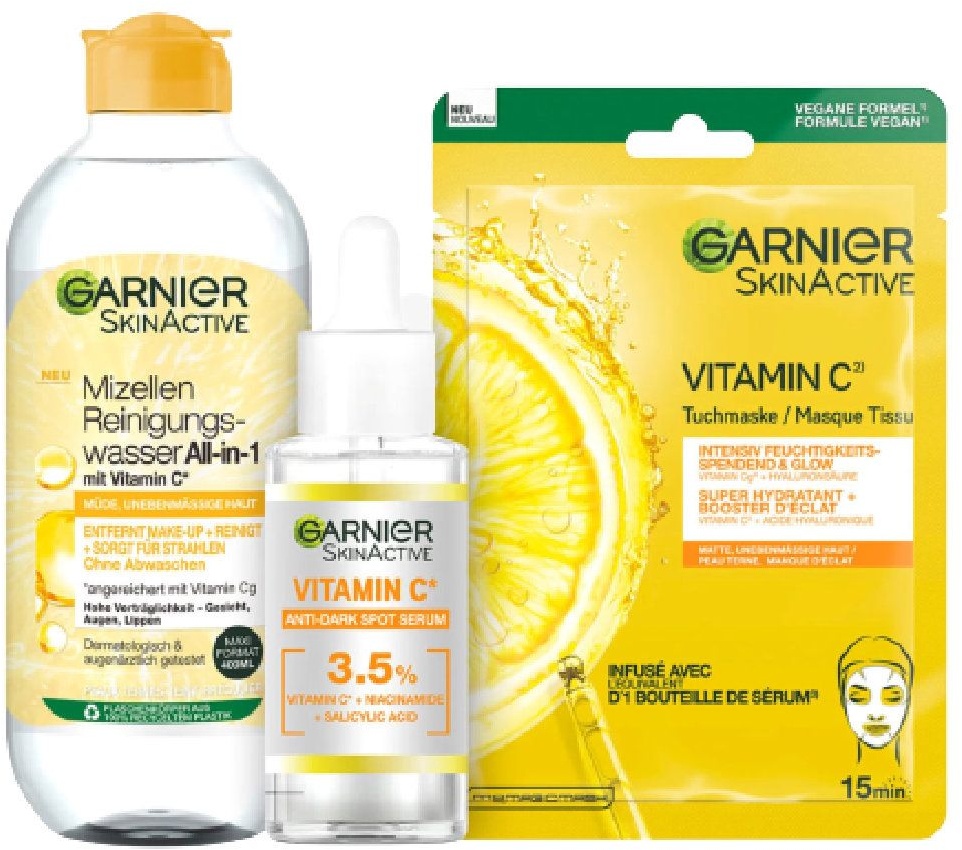 Garnier Pflegeset für das Gesicht, Mit Mizellen Reinigungswasser, Vitamin C Serum und Tuchmaske 375 ml