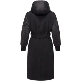 Marikoo Damen, Winterjacke "Tjadee", Langer Wickelmantel Taillierungsband, Kapuze über Knöpfe abnehmbar, Warme Jacke Frauen - N016 L, schwarz, - L