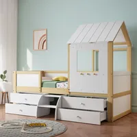 XDOVET Kinderbett, Hausbett mit Dach und Fenster, Vierseitiger Zaun, mit 4 Schubladen und kleine Treppe, 90x200cm