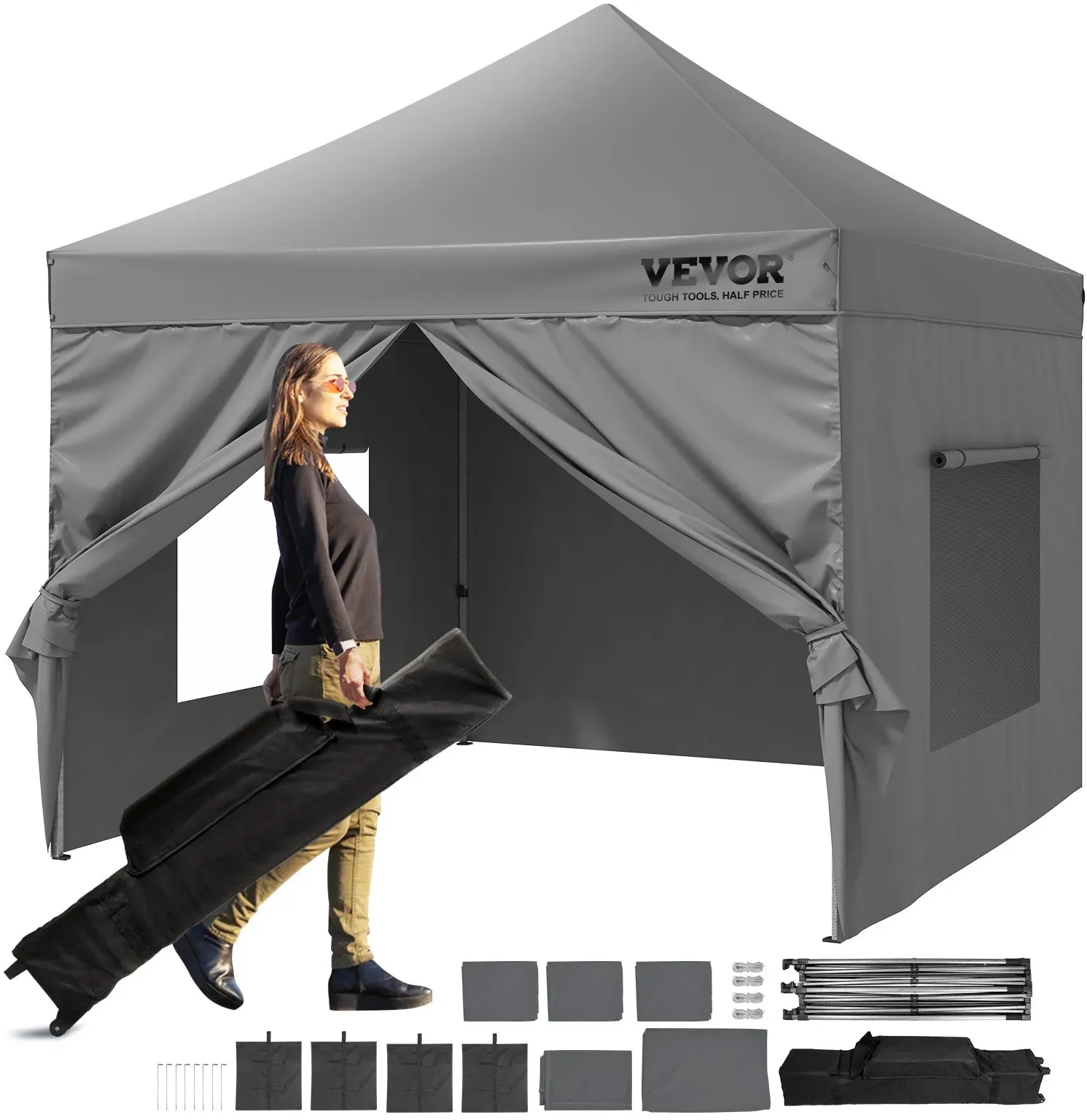 VEVOR Pavillon 304,8x304,8x320cm Gartenzelt 500D PU-Silber-Gewebe Faltpavillon höhenverstellbar inkl. Aufbewahrungstasche Partyzelt 6-8 Personen Pop up Zelt Faltzelt Gartenpavillon für Campingausflug