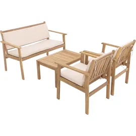 MCW Garten-Garnitur MCW-O19, Lounge-Set Sitzgruppe Bank Sessel Tisch, Holz Akazie MVG Stoff/Textil (180g/m2) ~ Kissen beige