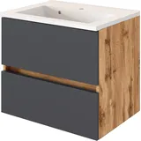 Lomadox Waschtisch Mit Unterschrank 60 Cm Lourosa-03 In Wotaneiche Nb. Mit Matt Grau, B/h/t: Ca. 60/56/47 Cm
