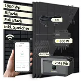 VALE Balkonkraftwerk Bifazial 1800 Wp Full Black - Growatt Neo 800M-X Wechselrichter - Growatt Noah 2.048 Wh - Solarpanel Set mit Speicher - 5m AC-Kabel
