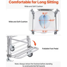 Vevor Nachttoilettenstuhl 159 kg belastbar, rollbare Toilettensitzerhöhung mit gepolsterter Sitzfläche/Rückenlehne/hochklappbarer Fußstütze, a...
