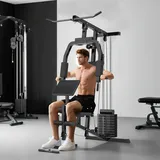 Homcom Gym Kraftstation, Fitnessstation, Fitnesscenter mit Gewichten, Rollenpolsterung, Kunstleder, Schwarz, 148 x 108 x 207 cm Aosom