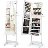 Costway Schmuckschrank Stehend, Mit Spiegel & 3-farbigen Led-leuchten, Abschließbar Mit Schmuckregal, Ablagen, Weiß - Costway