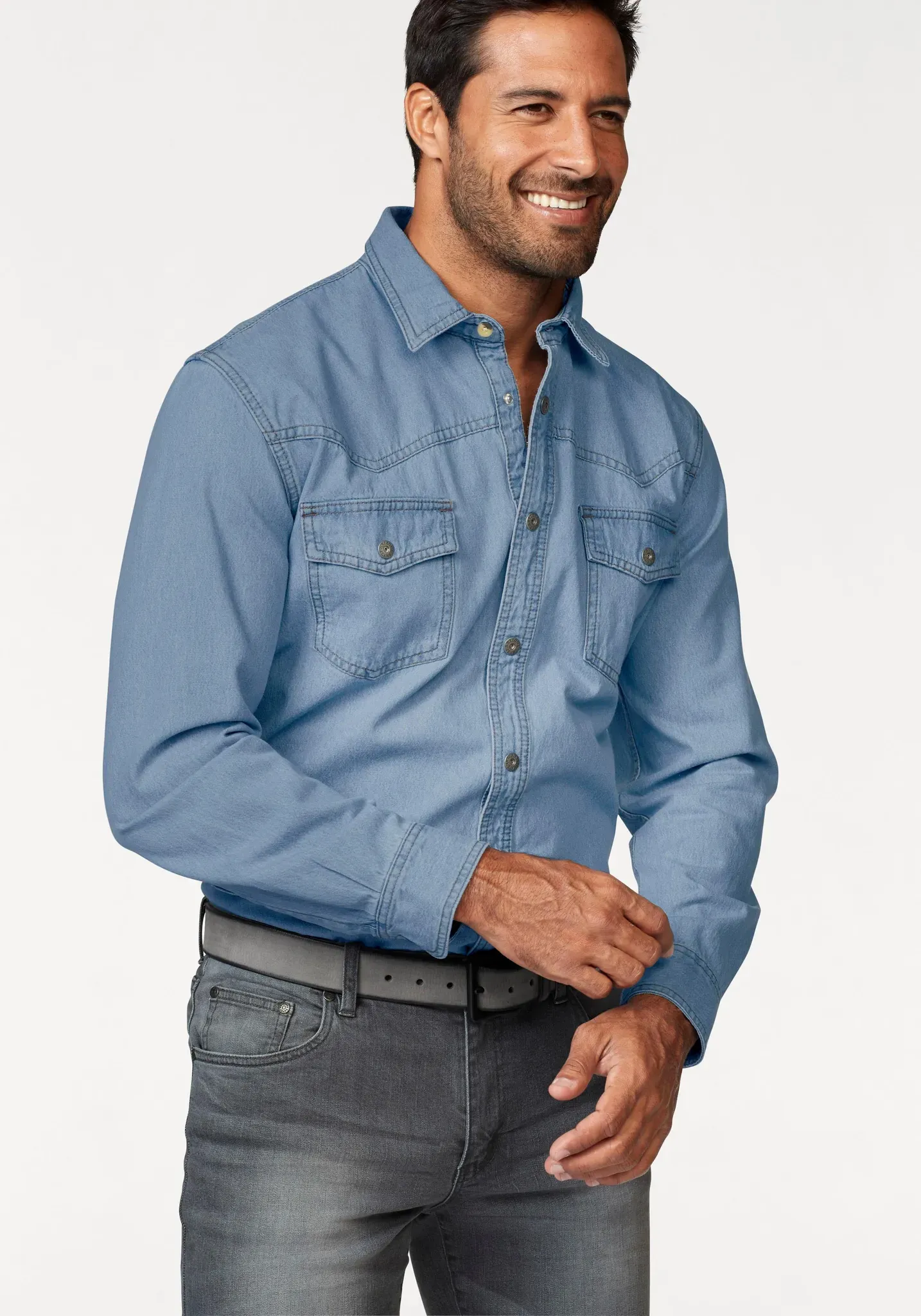 Jeanshemd ARIZONA, Herren, Gr. 43/44 (XL), N-Gr, blau (bleached), Jeans, Obermaterial: 100% Baumwolle, unifarben, Basic, normal, mit Knöpfen, Hemden Jeanshemd, Western Stil, Topseller