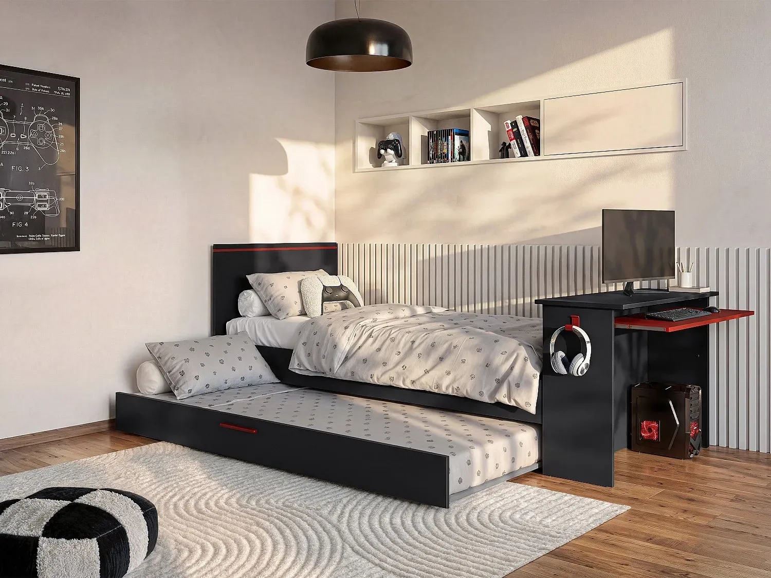 Ausziehbett Gamer mit Schreibtisch & LEDs + Lattenrost  - 2 x 90 x 200 cm - Anthrazit & Rot - VOUANI