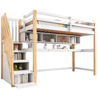 Odikalo Kinderbett Hochbett Stauraum Treppe Kiefernholz Schreibtisch Regalen weiß/natur