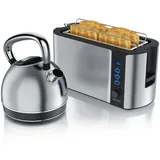 Arendo Frühstücks-Set Edelstahl Wasserkocher 1,7l, 4-Scheiben Langschlitz Toaster, silber (2-tlg), Frühstücksset, Wasserkocher Retro, 2200W, Toaster Brötchenaufsatz silberfarben