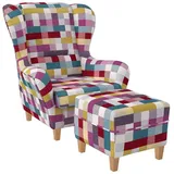 Supellex Ohrensessel Sofia, Relaxsessel mit Hocker Design Patchwork kariert bunt bunt
