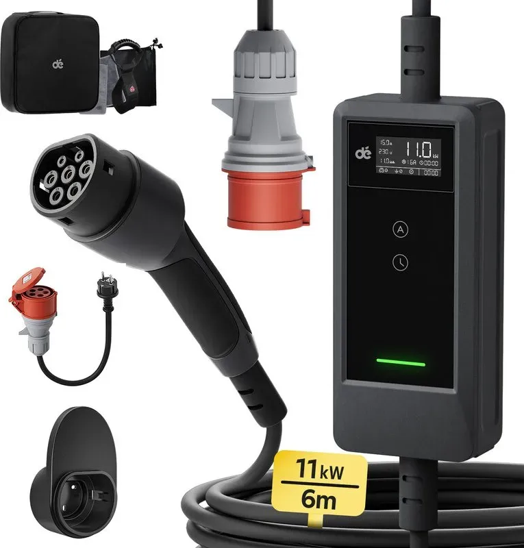 dé Typ 2 EV Ladekabel 11kW 16A 3-phasig EVSE CEE Stecker mit Schuko Adapter 6m Ladekabel für Elektroauto