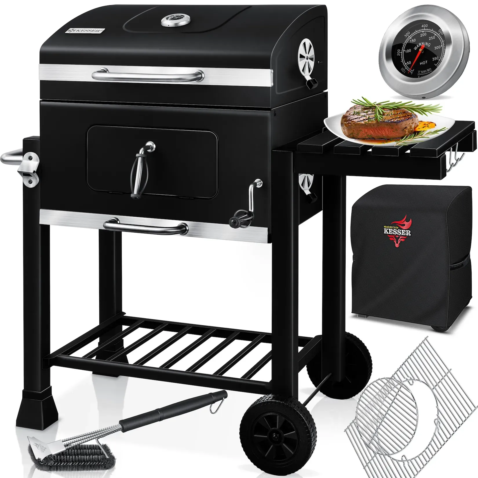 KESSER® Grill Grillwagen XXL Holzkohlegrill mit Deckel, Rädern, Edelstahl-Griff, Grillrost und Thermometer Holzkohle kohlegrill Wagen groß Kohle BBQ Barbeque Camping, Terrasse, Garten