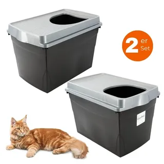 GarPet 2er Set Hop In Katzenklo oben einstieg Katzentoilette geschlossen Top Entry Jump-In XXL Haubentoilette Groß Katzen Klo schwarz Doppelpack