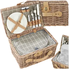 Tectake tectake® Picknickkorb für 2 Personen, geflochtene Weide, mit Drehverschluss und Tragegriff, inkl. 10-teiliges Geschirrset, Kellnermesser und Gewürzstreuer