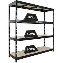 Proregal Profi Schwerlastregal Rhino HxBxT 200x200x60cm 4 Spanplatten-Ebenen 8mm Fachlast 500kg Schwarz Stecksystem Lagerregal Steckregal