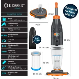 Kesser KESSER® Poolsauger mit Akku elektrisch Pool Bodensauger Handsauger Poolreiniger mit Filter 2-Geschwindigkeits-System Handsauger Reinigungsset kabellos, Inkl. Abdeckung