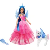 Mattel Barbie Einhorn-Spielzeug, Puppe zum 65. Jubiläum mit blauen Haaren, pinkfarbenem Kleid und Haustier-Einhorn