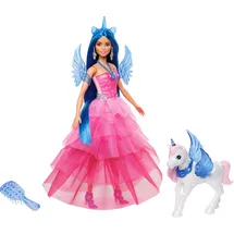 Mattel Barbie Einhorn-Spielzeug, Puppe zum 65. Jubiläum mit blauen Haaren, pinkfarbenem Kleid und Haustier-Einhorn