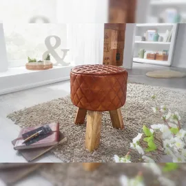 FineBuy Sitzhocker Echtleder 35x46x35 cm Fußhocker Rund Lederhocker Massivholz