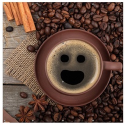 Wallario Sichtschutzzaunmatten Lustige Kaffeetasse mit einem Lächeln – Kaffeebohnen und Zimt, 2-teilig rot 180 cm x 180 cm