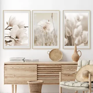 Beige Wandbilder 3er Poster Set Moderne Wandbilder Boho Pampasgras Bild Wohnzimmer Poster Natur Vintage Leinwandbilder Wandposter Ohne Rahmen (Stil B,30x40 cm)