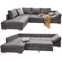 luma-home Ecksofa mit Schlaffunktion, 298/202/84 cm, Wellenfedern, Ottomane links, Cord Grau / 17202 - Grau