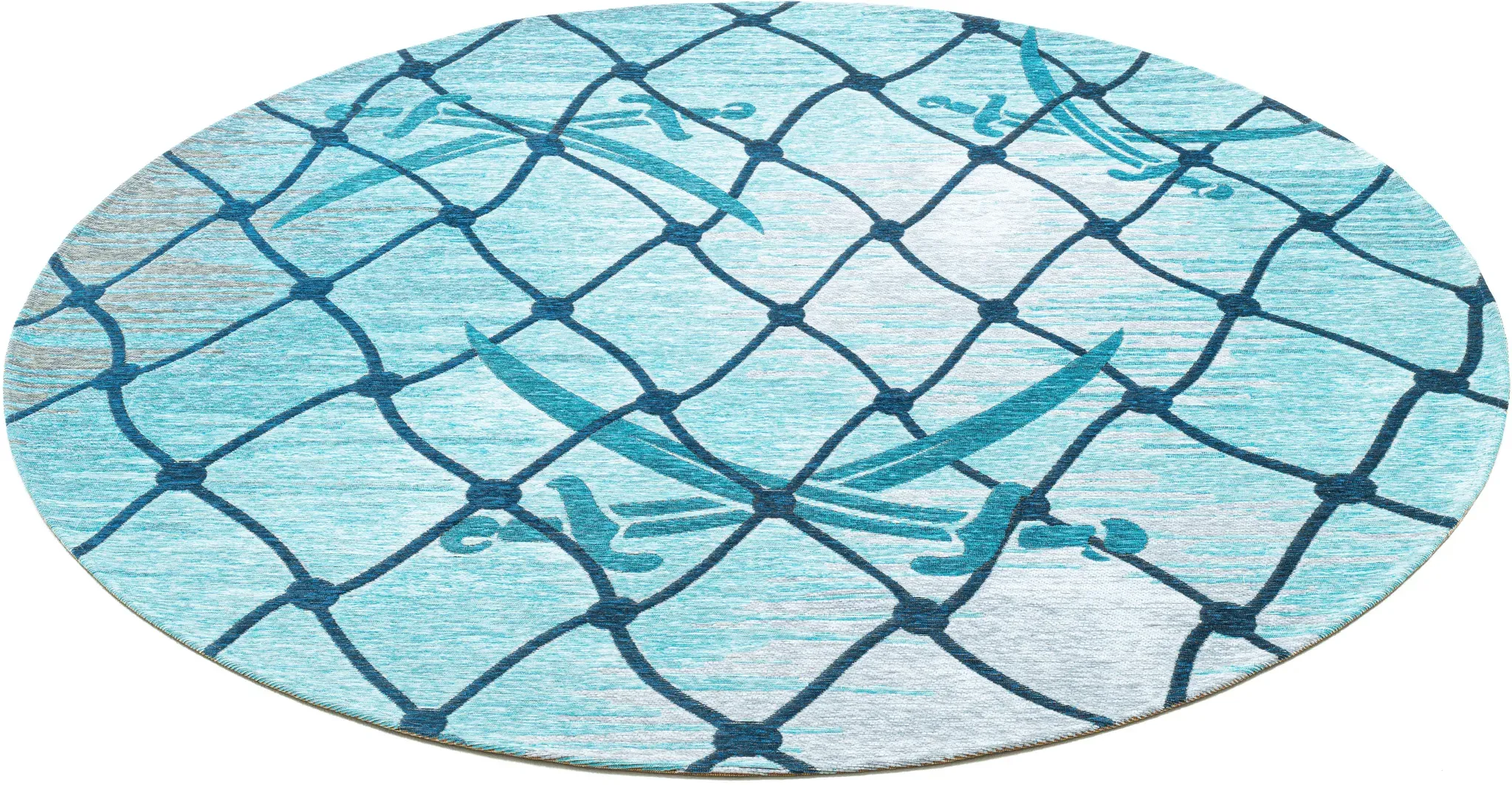 Sansibar Teppich »Keitum 005« rund 3 mm Höhe Flachgewebe, modernes Design, Motiv Fischernetz & gekreuzte Säbel Sansibar turquoise Ø 160 cm   1 Stk.