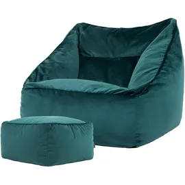 I.C.O.N. Icon Sitzsack Sessel mit Hocker für Erwachsene, Blaugrün, Flauschiger Samtstoff, Riesen Sitzsack Samt mit Füllung, Bean Bag Chair, Bequemer Sessel Wohnzimmer, Lounge, Schlafzimmer, Büro