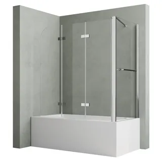 Hopibath Badewannenaufsatz mit seitenwand 80 cm 120x80x140cm Badewannenfaltwand 3 teilig Klarglas, beideseitig Nano+6mm Sicherheitsglas, (Faltwand 120x140cm, mit 80cm Seitenglas), mit Handtuchhalter & Stabilisator, Rechts-und Links montierbar silberfarben