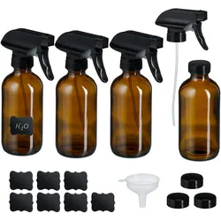 Relaxdays Sprühflasche Glas, 4er Set, 500ml, Nebel & Strahl, Wassersprüher für Haare, Reinigung, Pflanzen, braun/schwarz