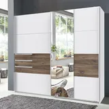 Lomadox Schlafzimmer Schwebetürenschrank Mit 3 Schubkästen Und Spiegel In Weiß Mit Flagstaff Eiche Nb. Bregenz-43, B/h/t Ca. 180/198/65 Cm