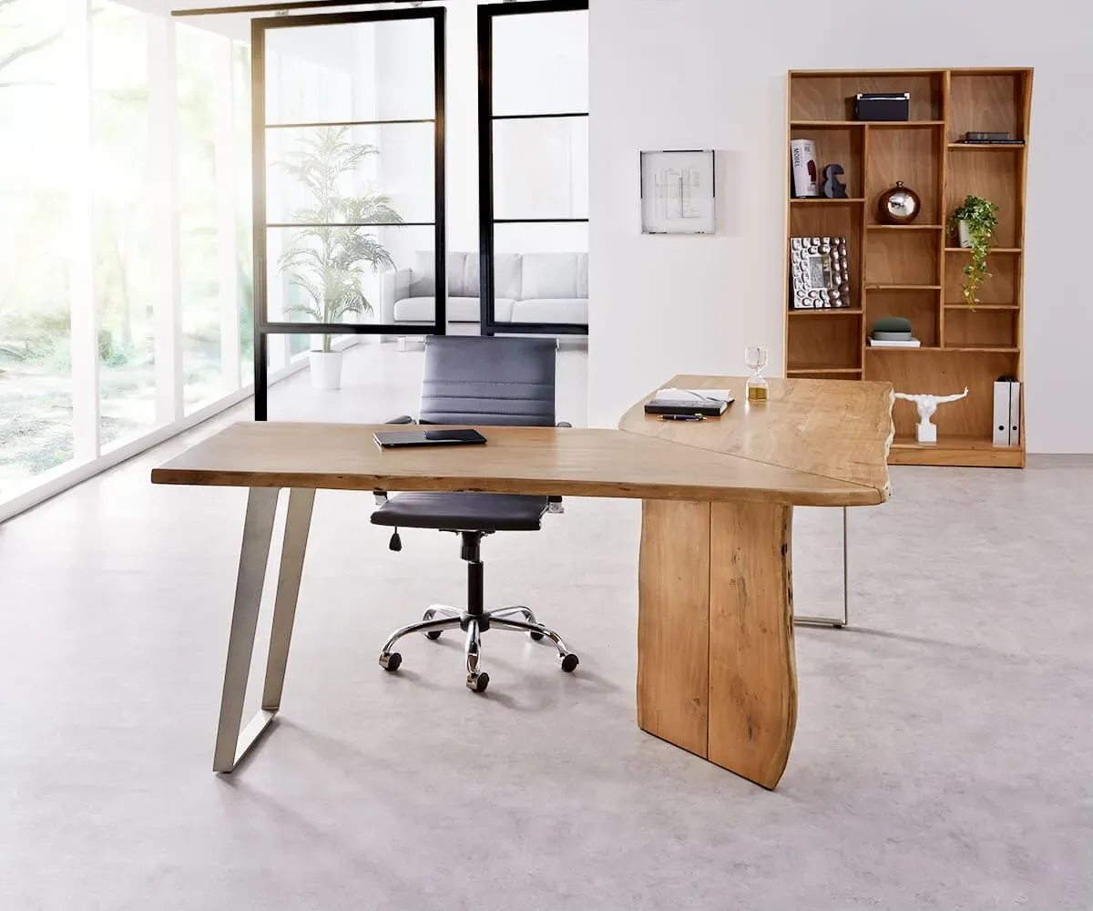 DELIFE Bureau Live-Edge 170x170 acacia nature cadre gris tronc d'arbre, Bureaux, Baumkantenmöbel, Massivholzmöbel, Massivholz