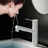 Linghhang - Spültischarmatur mit ausziehbarer Brause (weiß), Einloch-Waschtischarmatur, drei Wasserflussmodi mit drehbarem Auslauf,