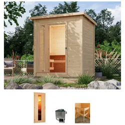 Saunahaus KARIBU "Talo 1", beige (naturbelassen), Saunaofen, externe Steuerung, 9 kW, Saunen, Ofen 9 kW, externe Steuerung
